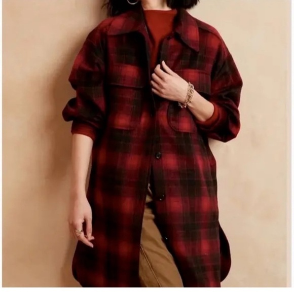 BANANA REPUBLIC FACTORY WOMAN RED PLAID LONG SHACKET COAT SIZE M .NEW WITH TAGS - Picture 2 of 11